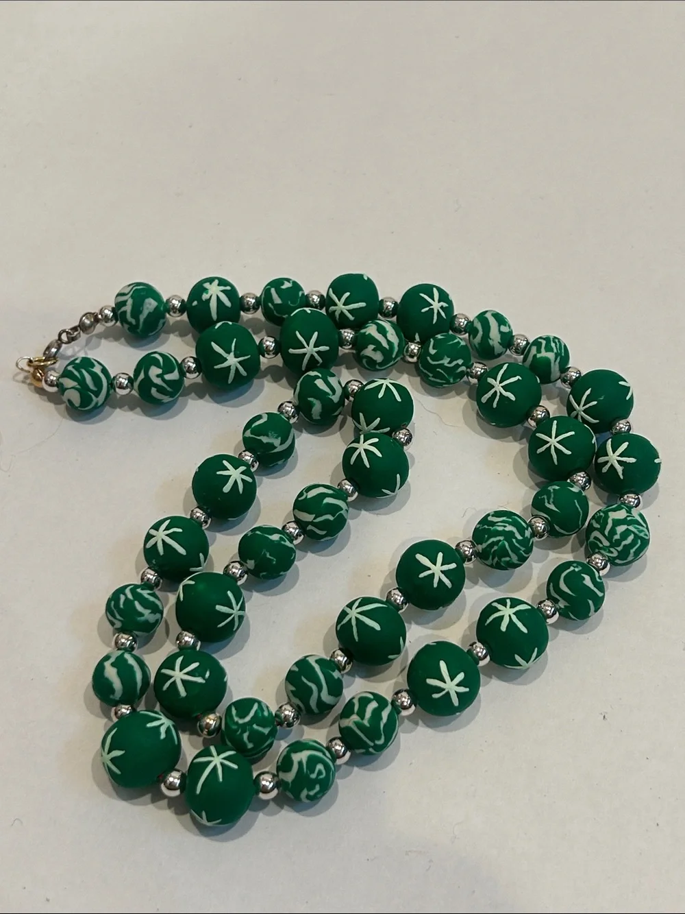 Vintage Clay Green Glow White starburst Bead Necklace hand painted one size
